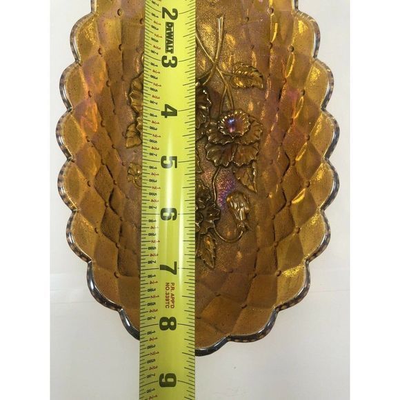 Imperial Pansy Marigold Carnival Glass Dish 8.5" Bowl Quilt Amber‎ Scallop Edge - Picture 11 of 12